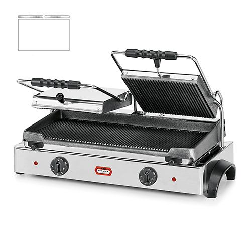 Double contact grill, smooth lower plate and 2 grooved upper plates
