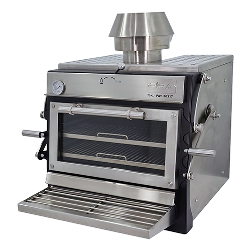 Horno de brasa de acero inoxidable con frontal pintado, 65 kg/h - puerta elevable de cristal