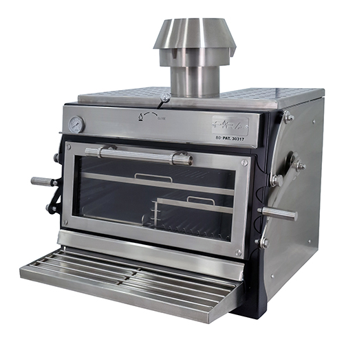 Forno a carvão em inox e frontal pintado, 75 kg/h - porta de vidro elevável