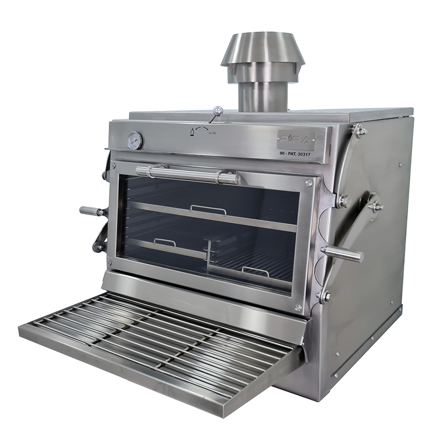 Horno de brasa totalmente de acero inoxidable, 110 kg/h - puerta elevable de cristal