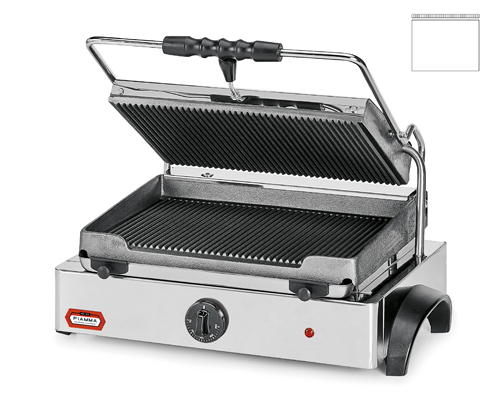 Contact grill, smooth lower plate and grooved upper plate