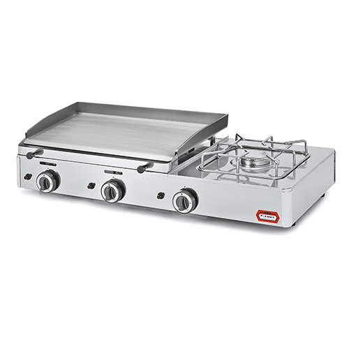 Polished steel gas griddle plate with burner - 583x395 mm