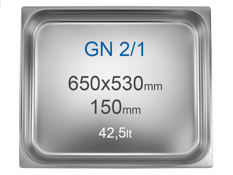 Contenedor en inox GN2/1 (530x650 mm) sin asas, 42.5 l, alt=150 mm