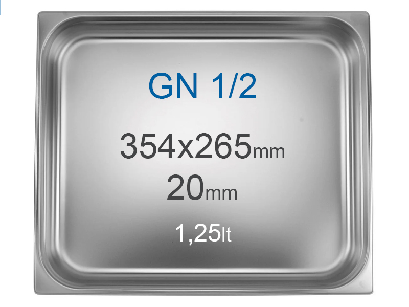 Contenedor en inox GN1/2 (265x325 mm) sin asas, 1.25 l, alt=20 mm