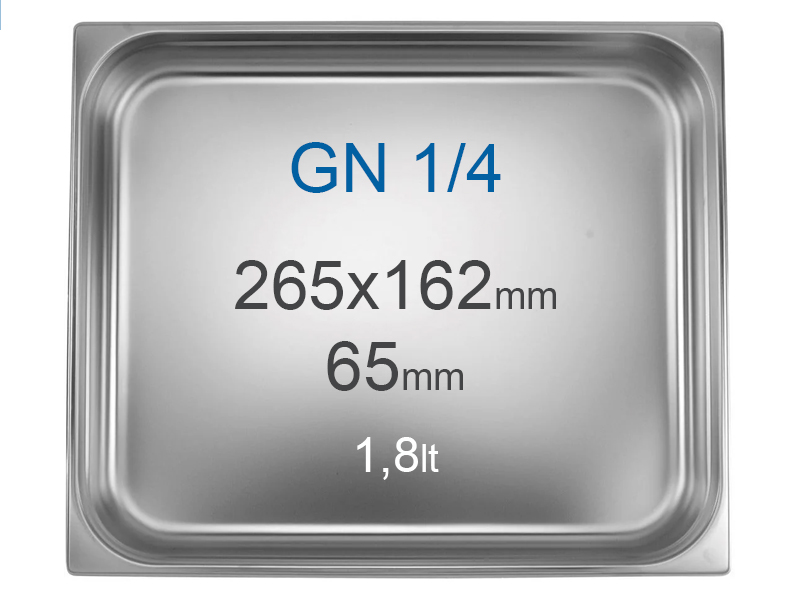 Contenedor en inox GN1/4 (265x162 mm) sin asas, 1.8 l, Alt=65 mm