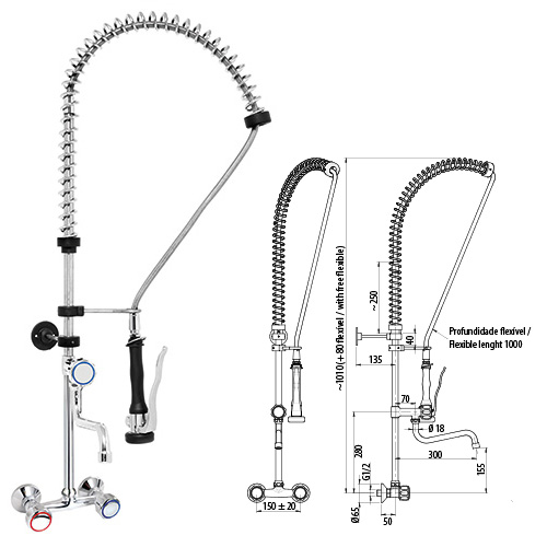 Wall-mounted two hole tap with extra tap and shower